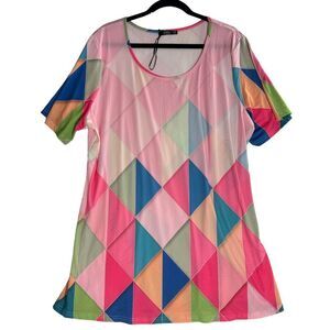 Lily by Firmiana Tunic Top Size 3XL Pink Diamond Print Short Sleeves Women's